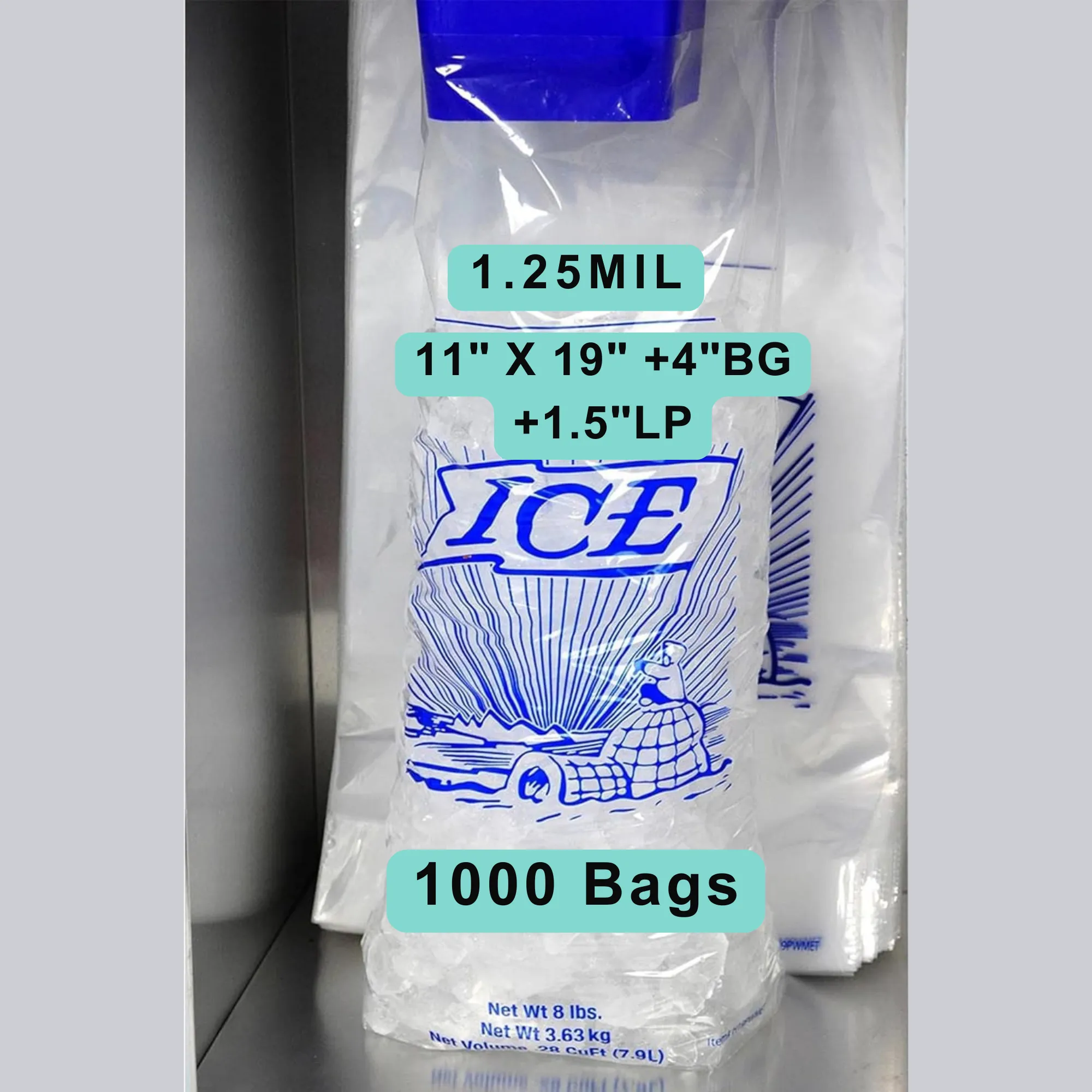 11X19 4 BG 1.5 LP inches Ice Bags on Header Printed 8 lb 1.25 Mil