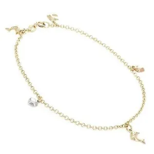14k Tri Color Gold Dolphin Anklet Bracelet Charm 10" 2.4mm 4.6 grams