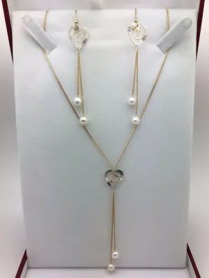 14k Tri Color Gold Heart Water Pearl Necklace and Earrings Jewelry Set