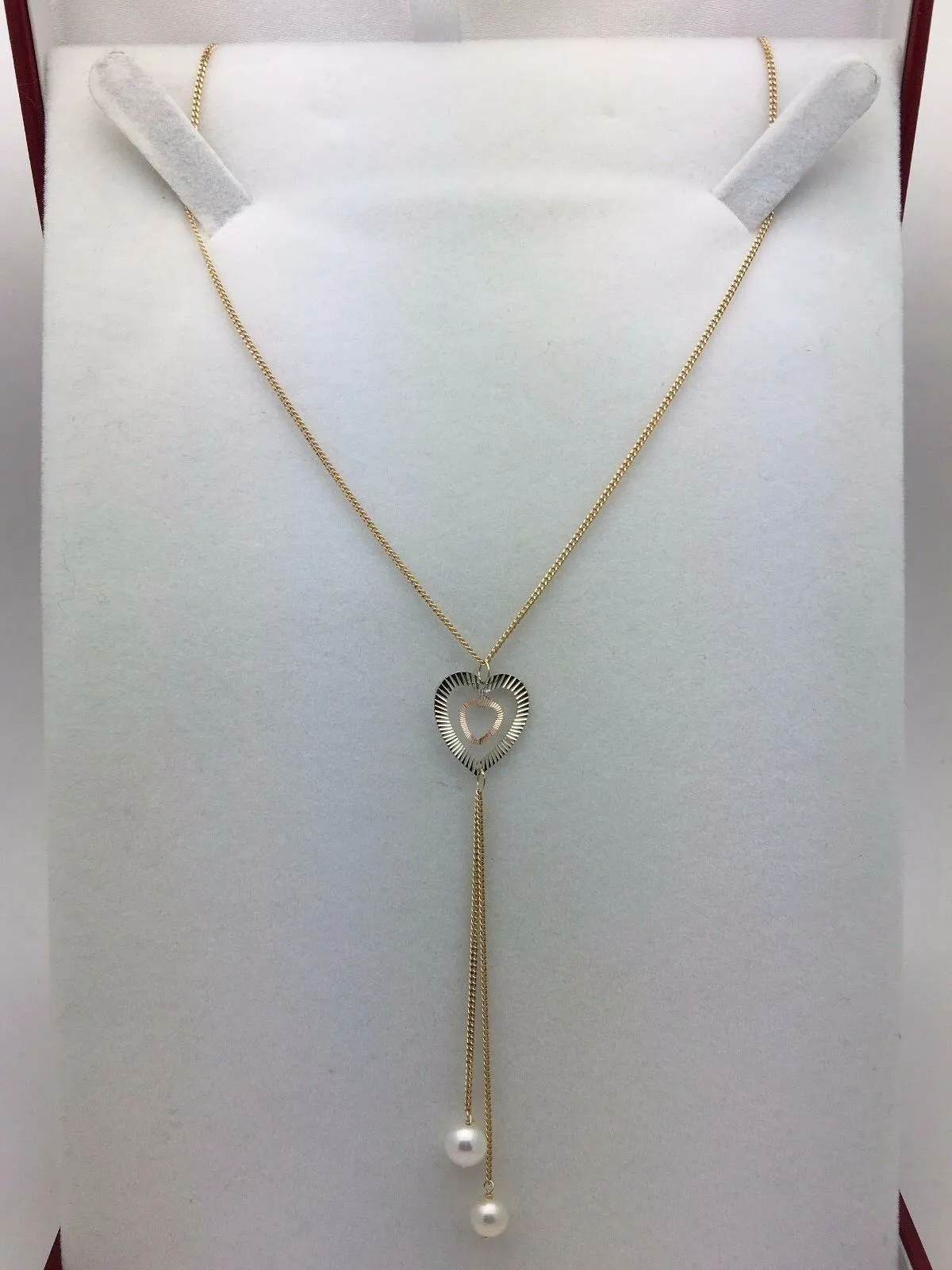 14k Tri Color Gold Heart Water Pearl Necklace and Earrings Jewelry Set