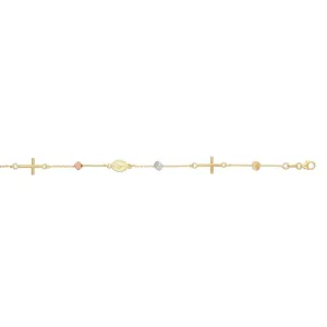 14K Tri-color Gold Polished Cube & Cross Bracelet