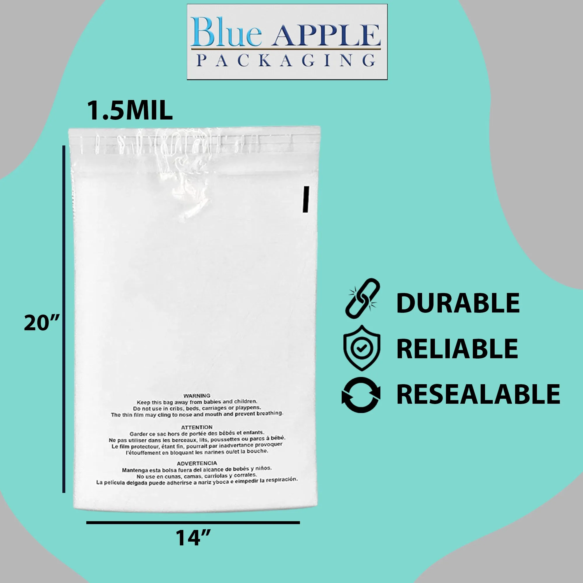 14X20 Inches Poly Bags With Suffocation Warning  1.5 Mil Lip and Tape