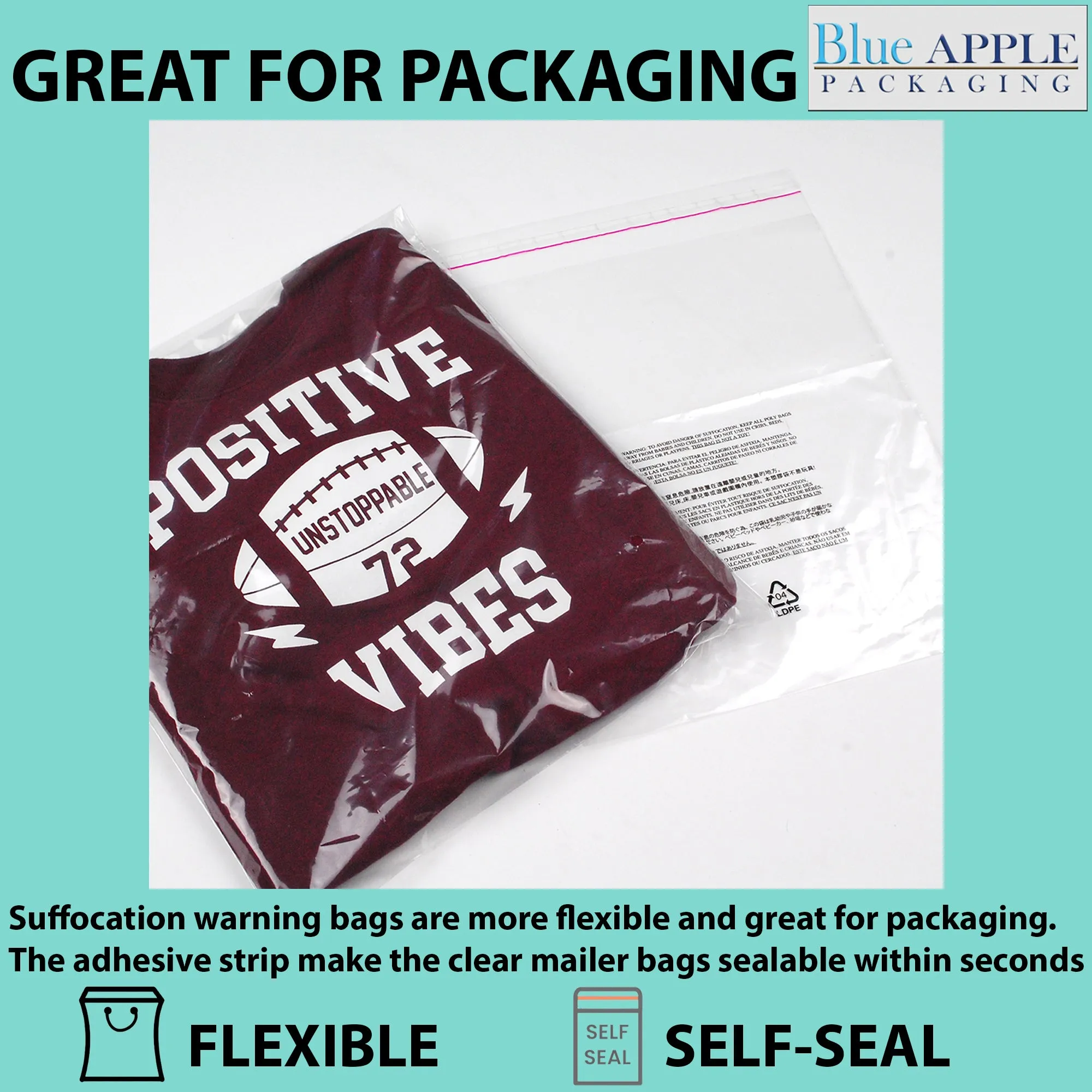 14X20 Inches Poly Bags With Suffocation Warning  1.5 Mil Lip and Tape