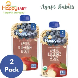 [2-Pack] Happy Baby Happy Family Happy Tot Clearly Crafted - Apples Blueberries & Oats, 113g. Stage 2 (For 6m up) Exp: 09/25