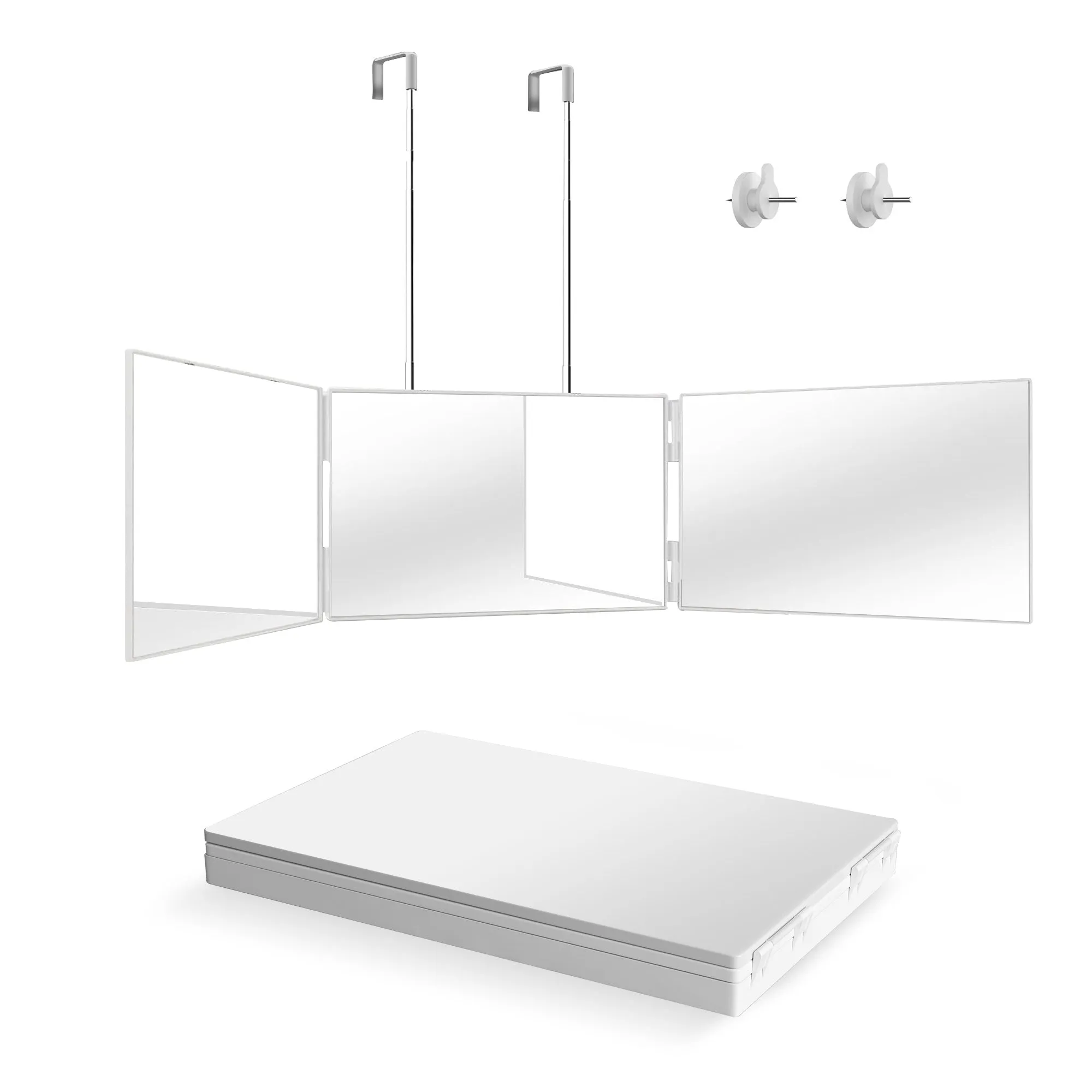 3 Way Mirror for Hair Cutting, 360 Degree Trifold Mirror with Height Adjustable Telescoping Hooks