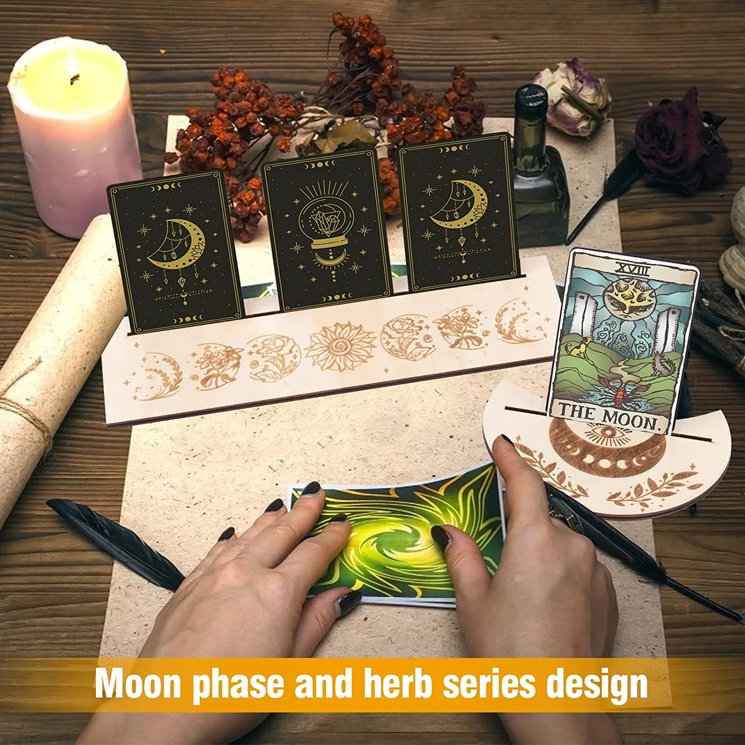 4 Pcs Wooden Tarot Card Holders in 2 Styles- 5” Moon Shape Wooden Tarot Card Stand  10” Rectangle Tarot Card Altar Stand Wooden Card Stand for Tarot Altar Divination (Moon Phase & Herbal Series)