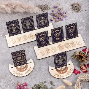 4 Pcs Wooden Tarot Card Holders in 2 Styles- 5” Moon Shape Wooden Tarot Card Stand  10” Rectangle Tarot Card Altar Stand Wooden Card Stand for Tarot Altar Divination (Moon Phase & Herbal Series)