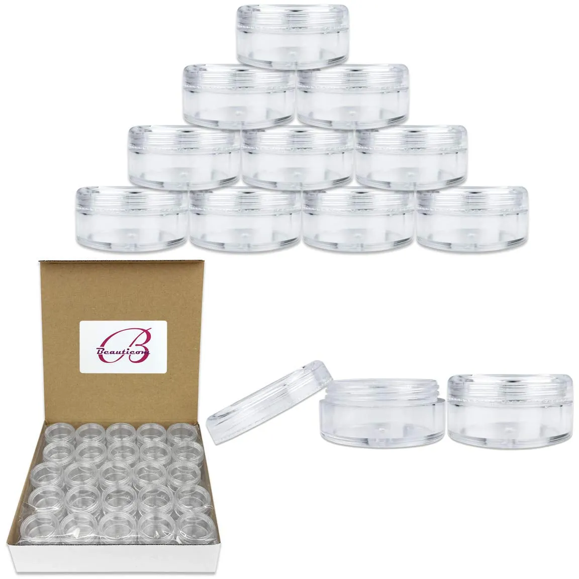 50 New Empty 5 Grams Acrylic Clear round Jars - BPA Free Containers for Cosmetic, Lotion, Cream, Makeup, Bead, Eye Shadow, Rhinestone, Samples, Pot, 5G/5Ml (Clear Lid (50 Jars)