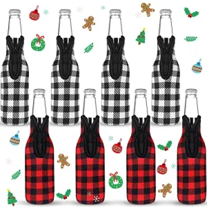 8 Pcs Christmas Beer Bottle Insulator Sleeve Plaid Pattern Neoprene Insulated Bottle Jackets Xmas Zipper Beer Bottle Sleeve Keep Bottle Beer Cold Hands Warm for 12 oz Christmas Classic Gift, 2 Styles