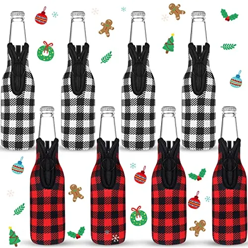 8 Pcs Christmas Beer Bottle Insulator Sleeve Plaid Pattern Neoprene Insulated Bottle Jackets Xmas Zipper Beer Bottle Sleeve Keep Bottle Beer Cold Hands Warm for 12 oz Christmas Classic Gift, 2 Styles