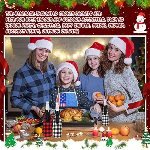 8 Pcs Christmas Beer Bottle Insulator Sleeve Plaid Pattern Neoprene Insulated Bottle Jackets Xmas Zipper Beer Bottle Sleeve Keep Bottle Beer Cold Hands Warm for 12 oz Christmas Classic Gift, 2 Styles