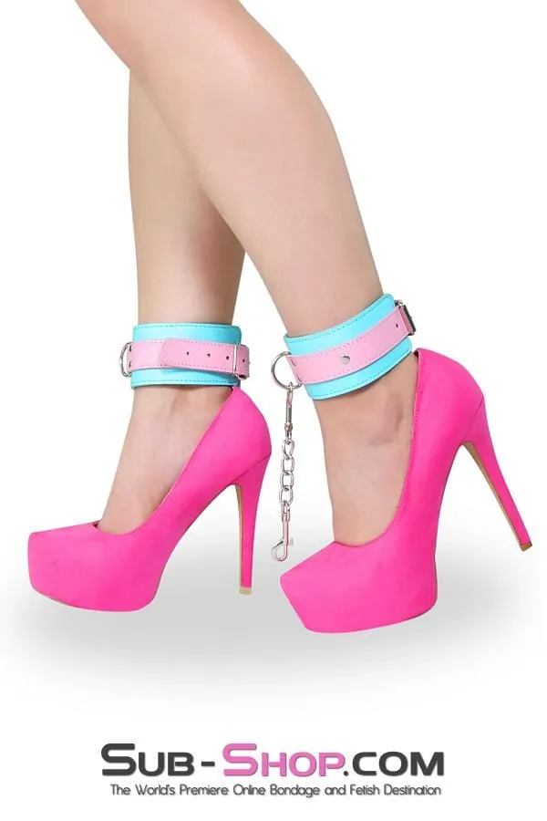 8949DL      Paradise Pink & Blue Bondage Ankle Cuffs with Chained Connection Clips - LAST CHANCE - Final Closeout!