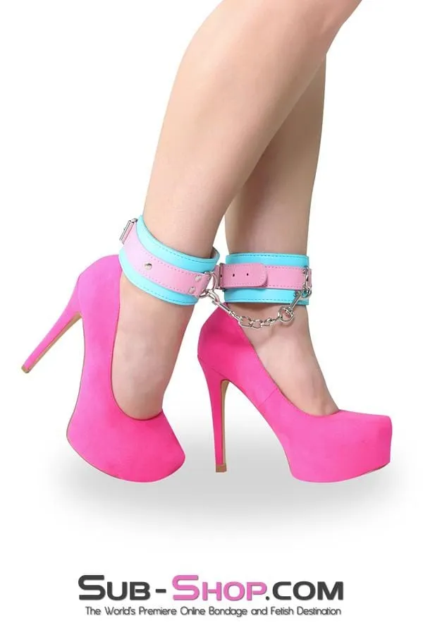 8949DL      Paradise Pink & Blue Bondage Ankle Cuffs with Chained Connection Clips - LAST CHANCE - Final Closeout!