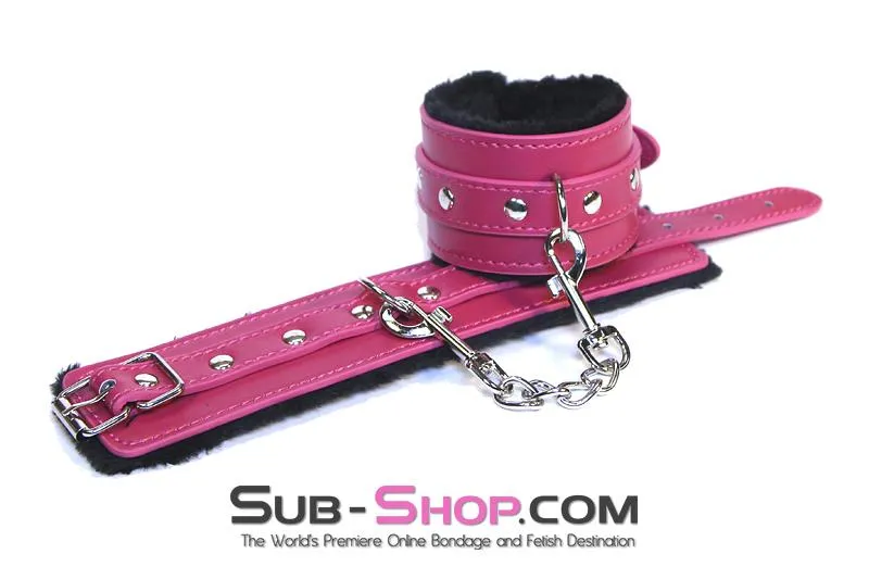 9048DL      Fur Lined Sex Bomb Pink Wrist Bondage Cuffs and Chain Set