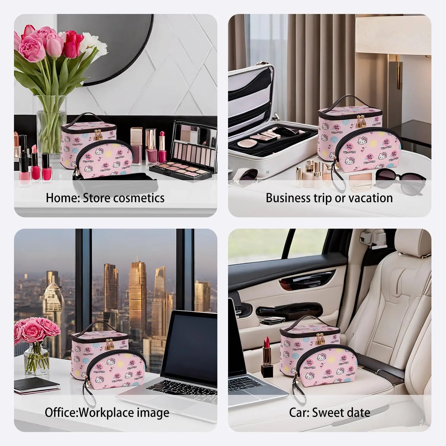 AmBealla Makeup Bag 2PCS with Large Handle Travel Cube Cosmetic Bags Brush Holder Cute Organizer Suitable for Purse for Women (05 Sweet Holiday 2PCS)