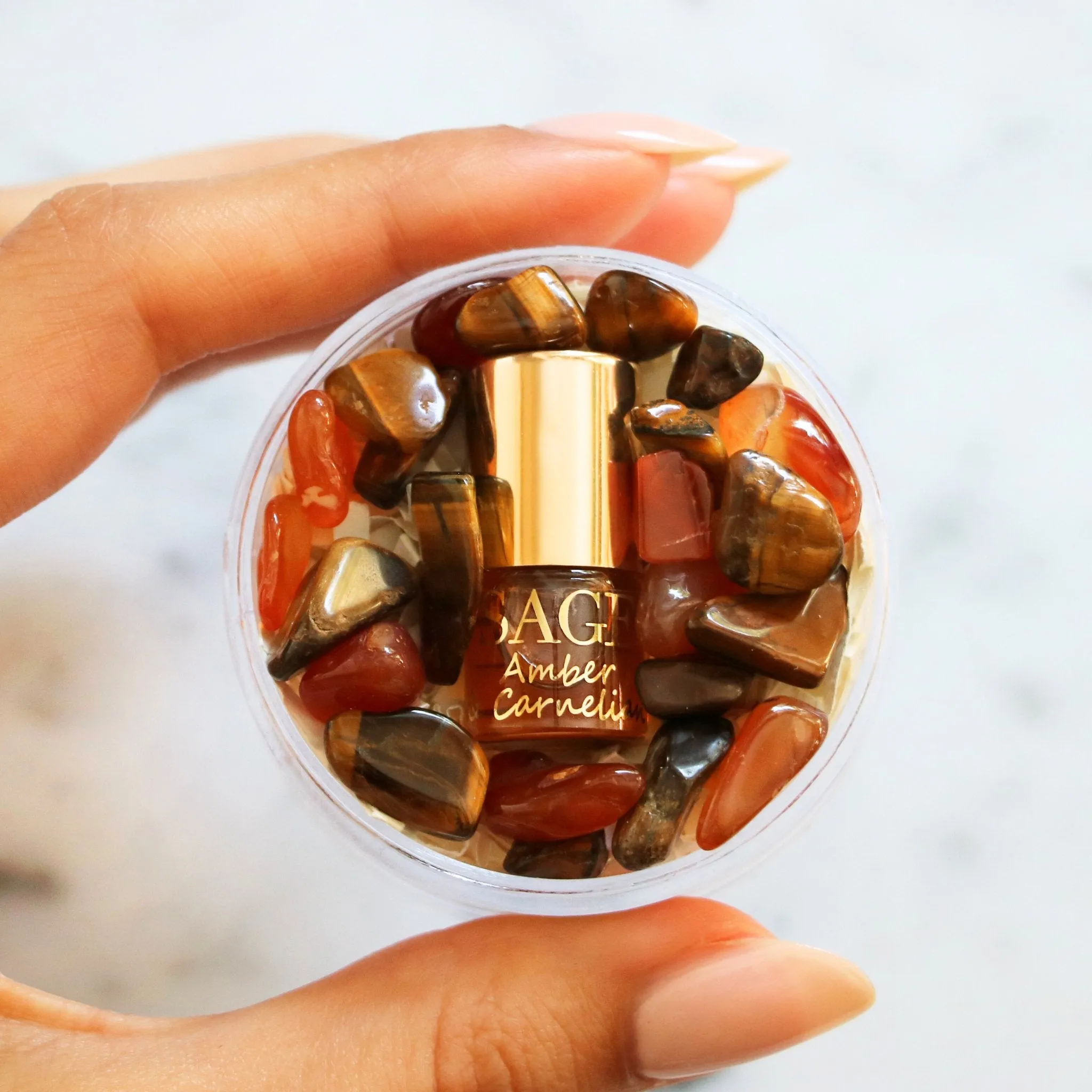 Amber & Carnelian Blend Perfume Oil Concentrate Mini Rollie with Gemstones by Sage