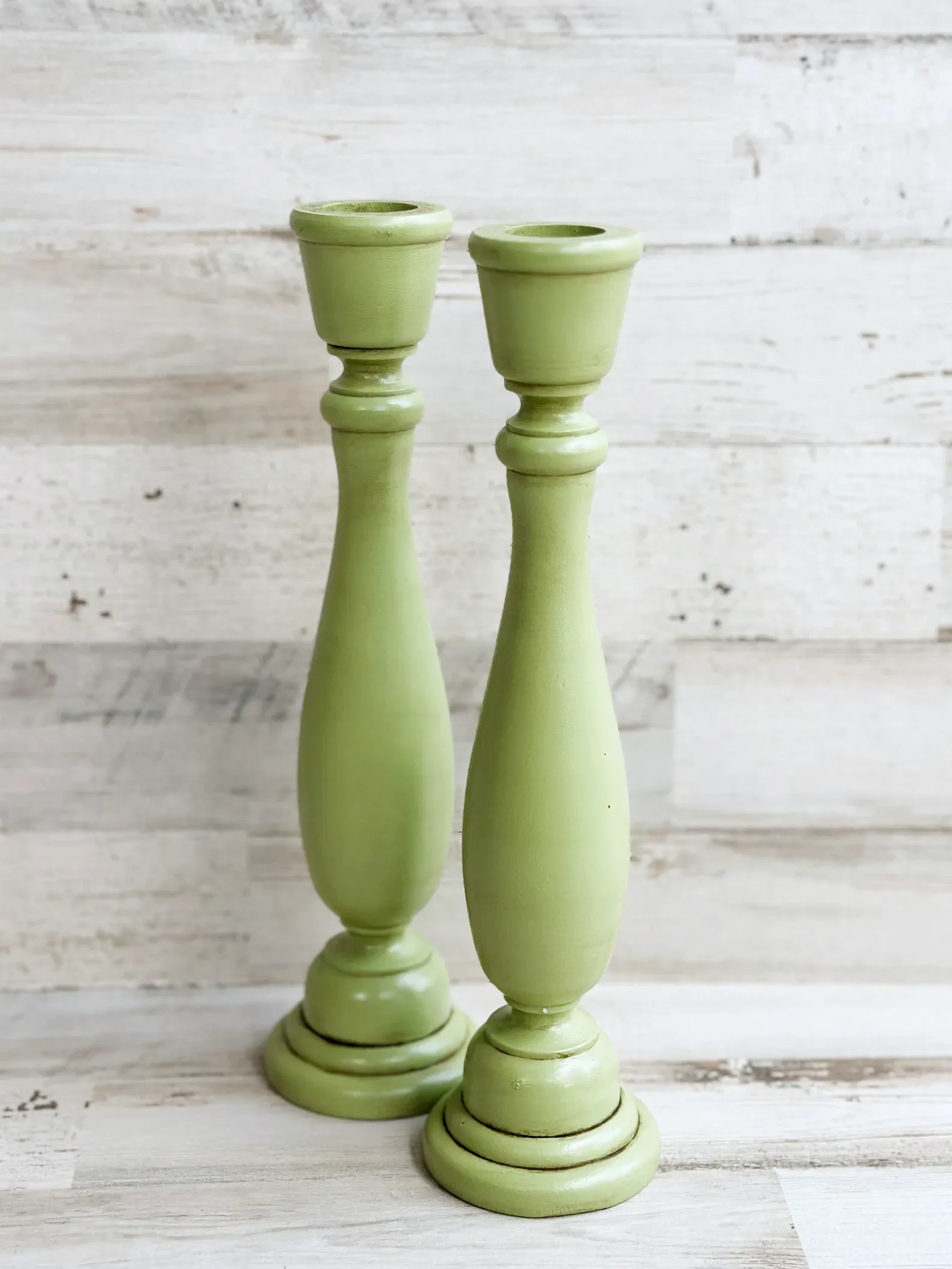 Apple green hand-painted wood candlesticks