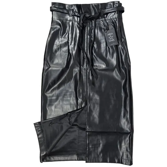 Area Stars Black Leatherette Vegan Leather Belted Skirt with Front Slit S NWT