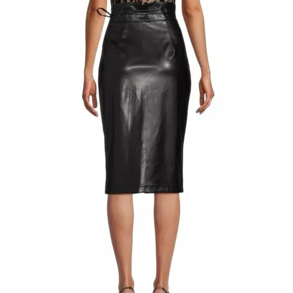 Area Stars Black Leatherette Vegan Leather Belted Skirt with Front Slit S NWT