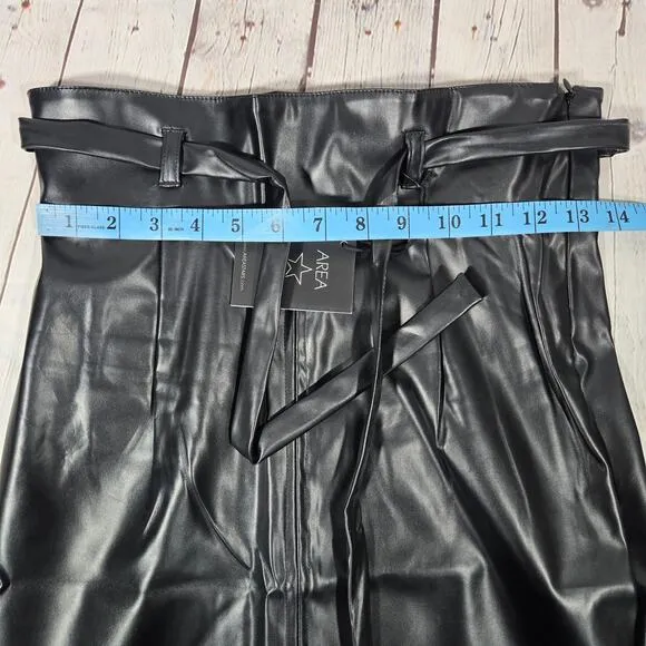 Area Stars Black Leatherette Vegan Leather Belted Skirt with Front Slit S NWT