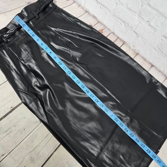 Area Stars Black Leatherette Vegan Leather Belted Skirt with Front Slit S NWT