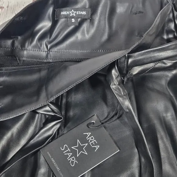 Area Stars Black Leatherette Vegan Leather Belted Skirt with Front Slit S NWT