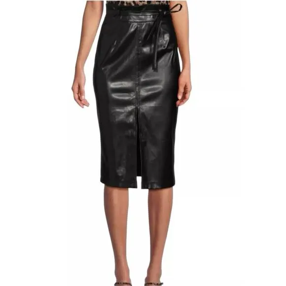 Area Stars Black Leatherette Vegan Leather Belted Skirt with Front Slit S NWT