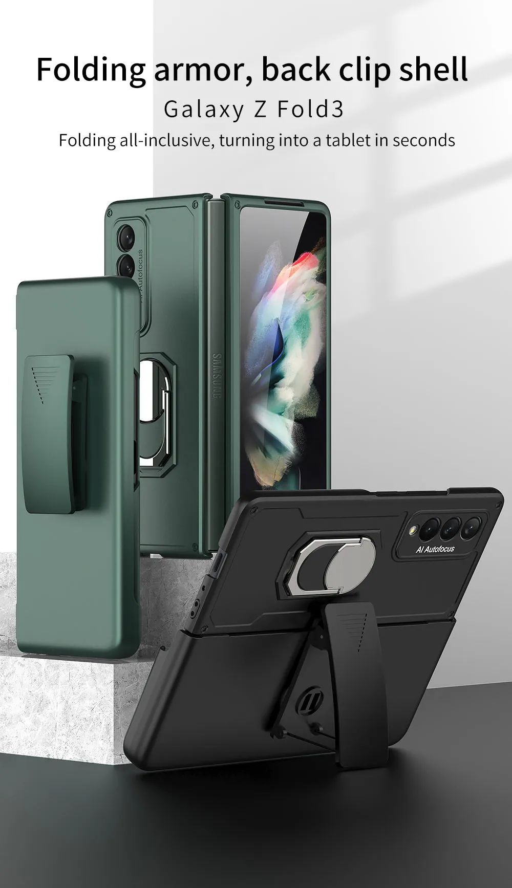 Armor Back Clip Stand Holder Case For Samsung Galaxy Z Fold 3 5G Anti-knock Protection Hard Cover For Samsung Z Fold 3 Case
