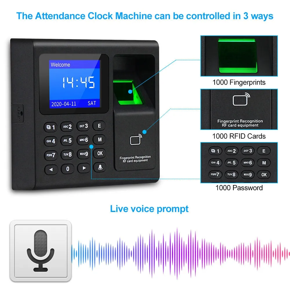 Biometric Fingerprint RFID Access Control Keypad System Electronic USB Time Clock Recorder Attendance Machine  10 Keyfobs Card