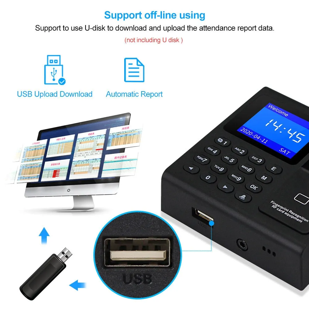 Biometric Fingerprint RFID Access Control Keypad System Electronic USB Time Clock Recorder Attendance Machine  10 Keyfobs Card