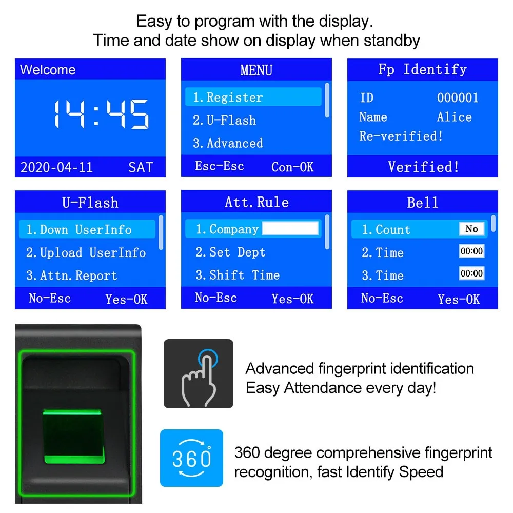 Biometric Fingerprint RFID Access Control Keypad System Electronic USB Time Clock Recorder Attendance Machine  10 Keyfobs Card