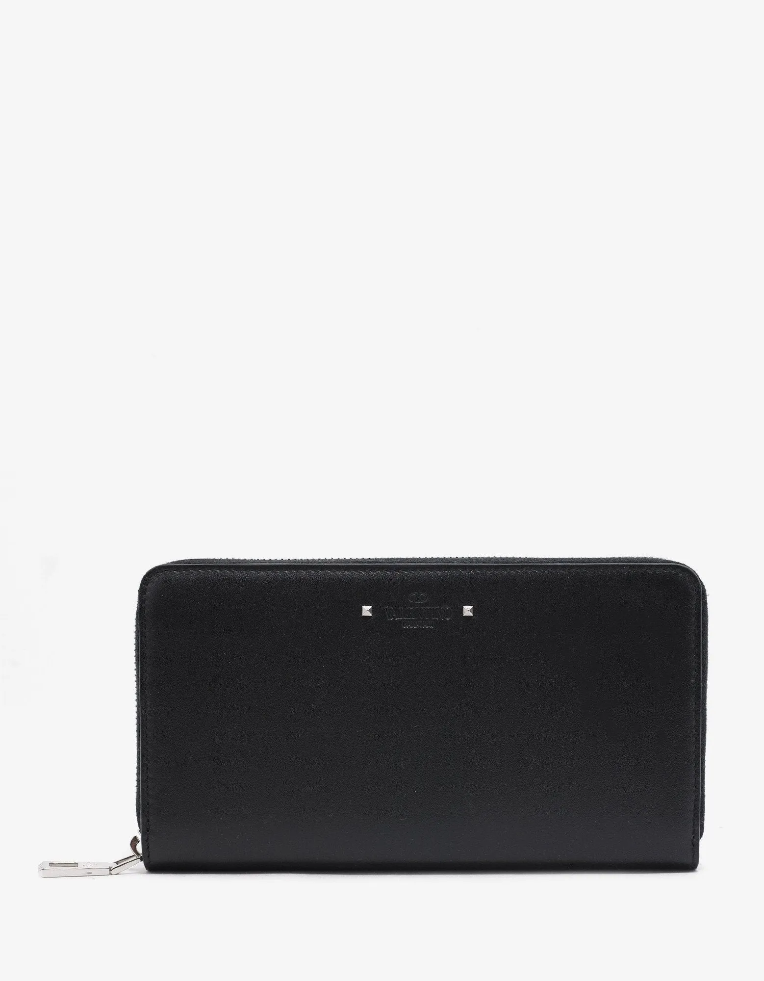 Black Leather Rockstud Zip Wallet