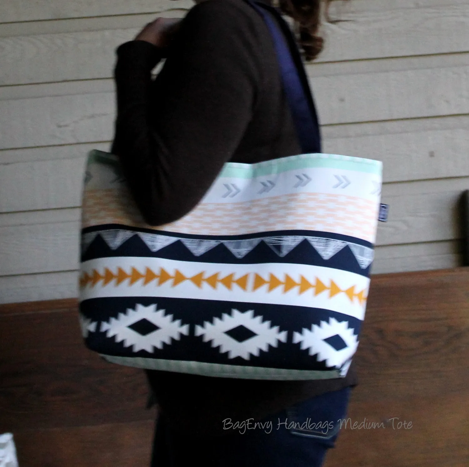 Black Stripe with Vegan Leather - Tote Bag /  Diaper Bag /  Medium Bag -