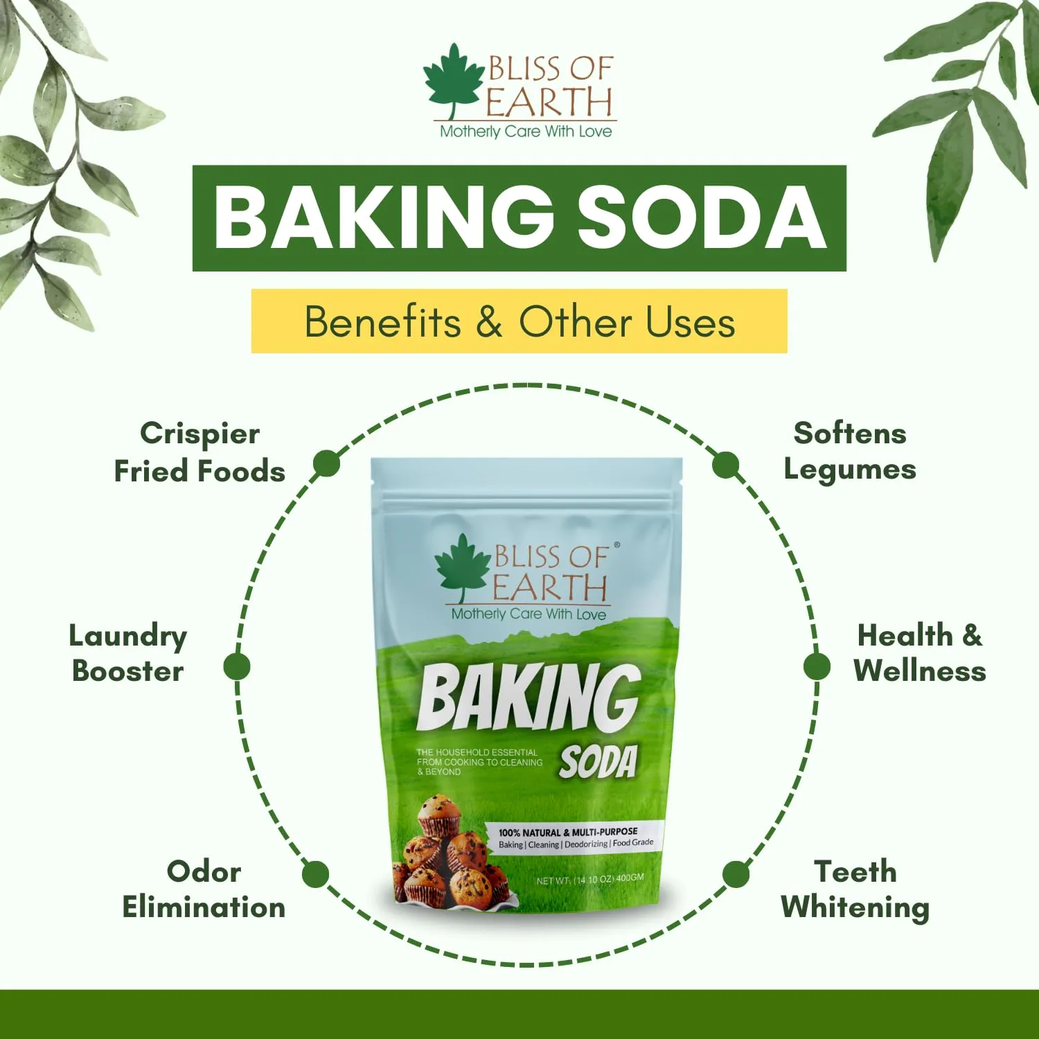 Bliss of Earth Baking Soda For Food & Cleaning Purpose, 400gm, Pure Sodium Bicarbonate for Baking, Cleaning, and Deodorizing, Food Grade, Non-GMO, Eco-Friendly