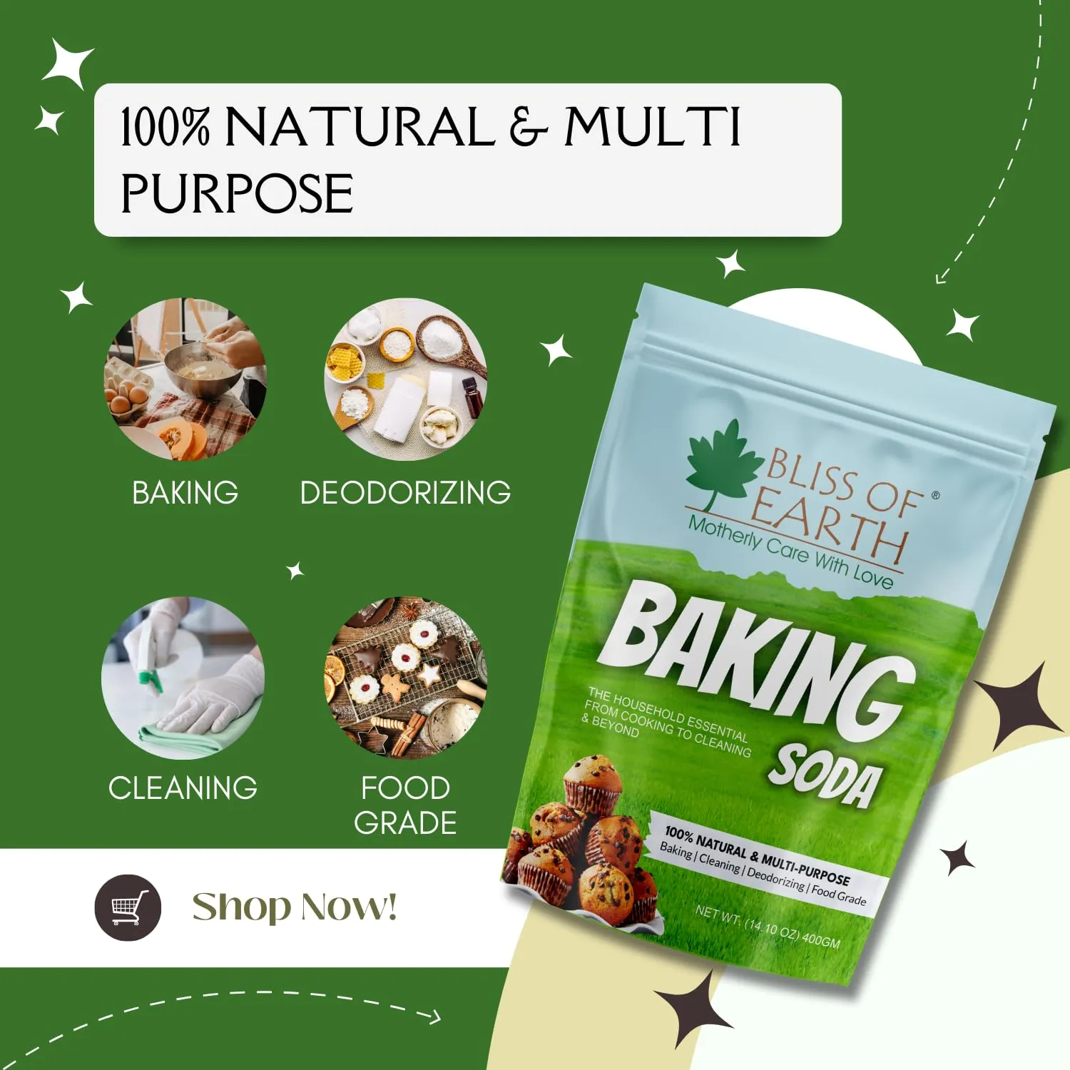 Bliss of Earth Baking Soda For Food & Cleaning Purpose, 400gm, Pure Sodium Bicarbonate for Baking, Cleaning, and Deodorizing, Food Grade, Non-GMO, Eco-Friendly