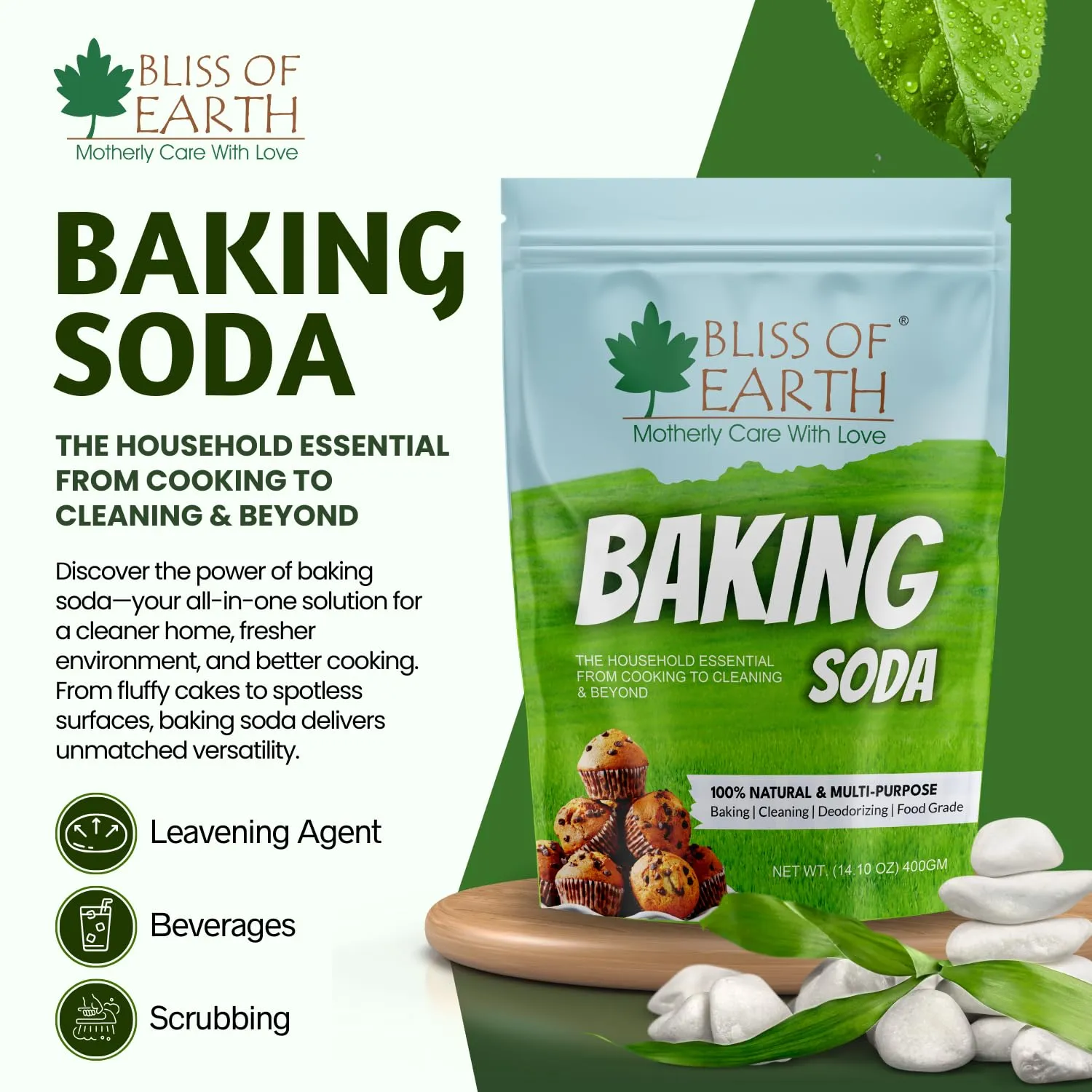 Bliss of Earth Baking Soda For Food & Cleaning Purpose, 400gm, Pure Sodium Bicarbonate for Baking, Cleaning, and Deodorizing, Food Grade, Non-GMO, Eco-Friendly