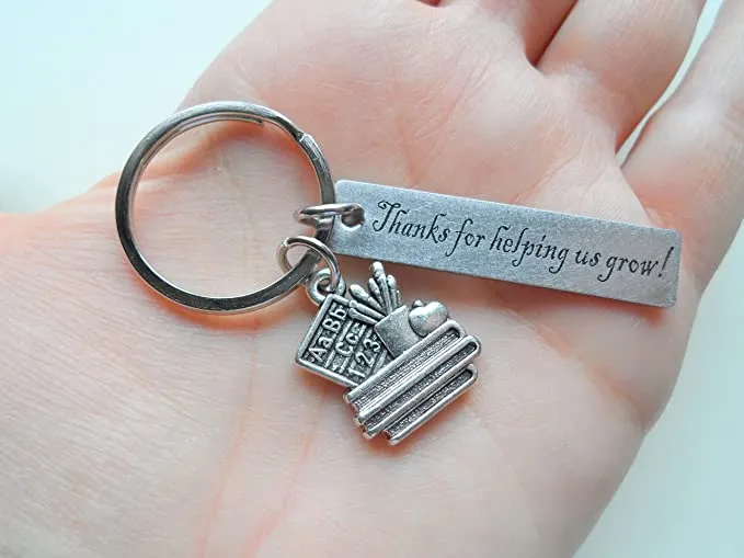 Book Stack & School Supplies Charm Keychain with "Thanks for Helping Us Grow" Engraved Tag, School Volunteer School Volunteer or Teacher Appreciation Keychain