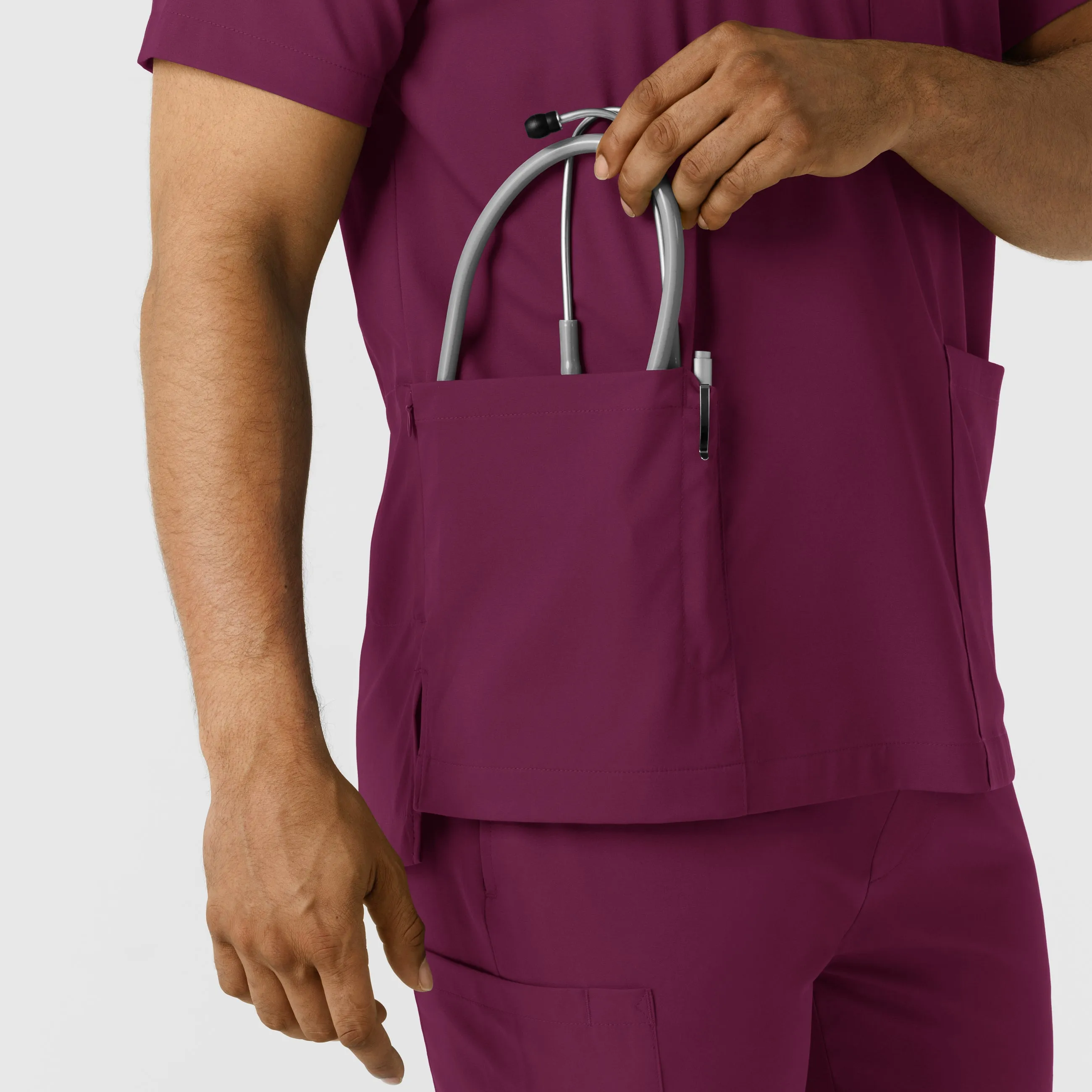 Boundless 6351 Men's Multi Pocket V-Neck Scrub Top Wine