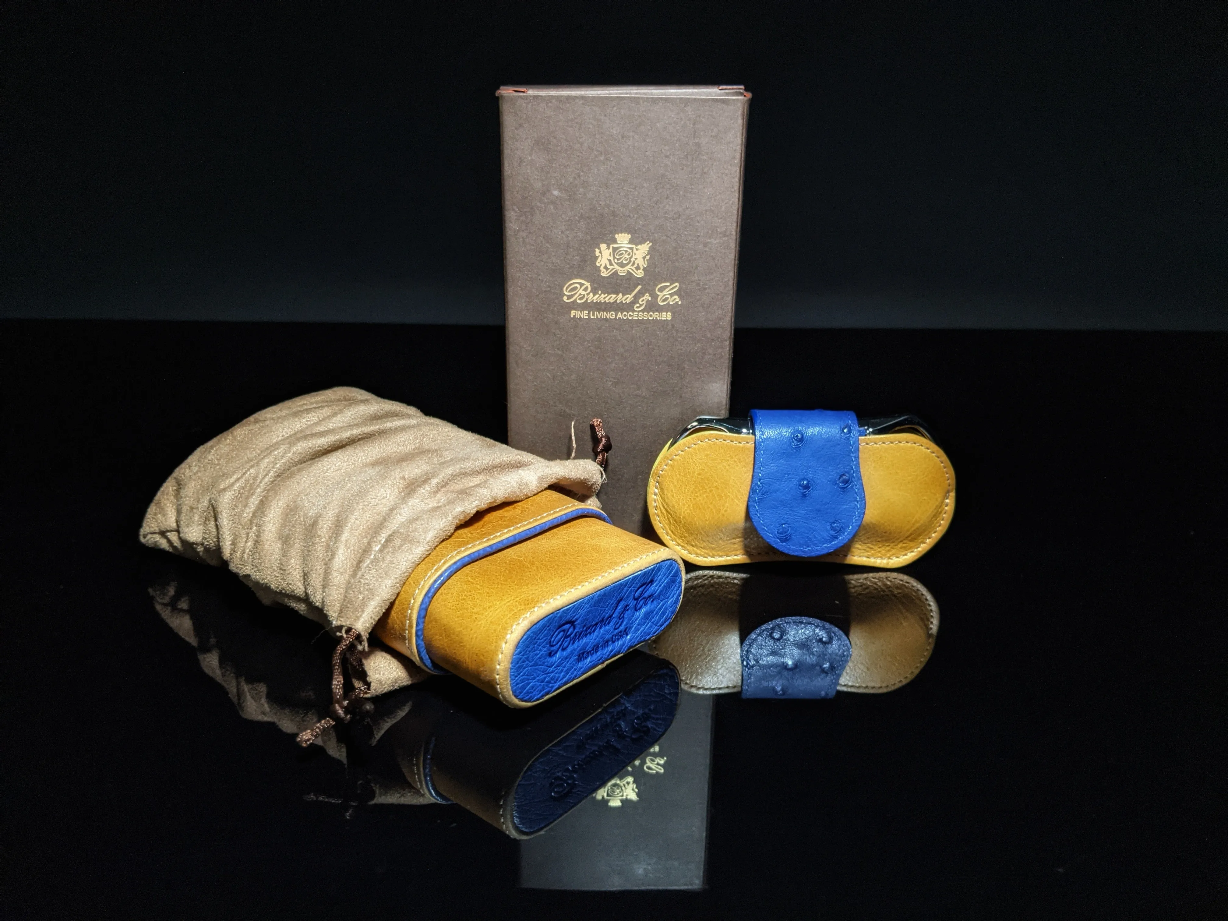 Brizard and Co Blue Ostrich and Camel Color Leather Case and V-Cutter