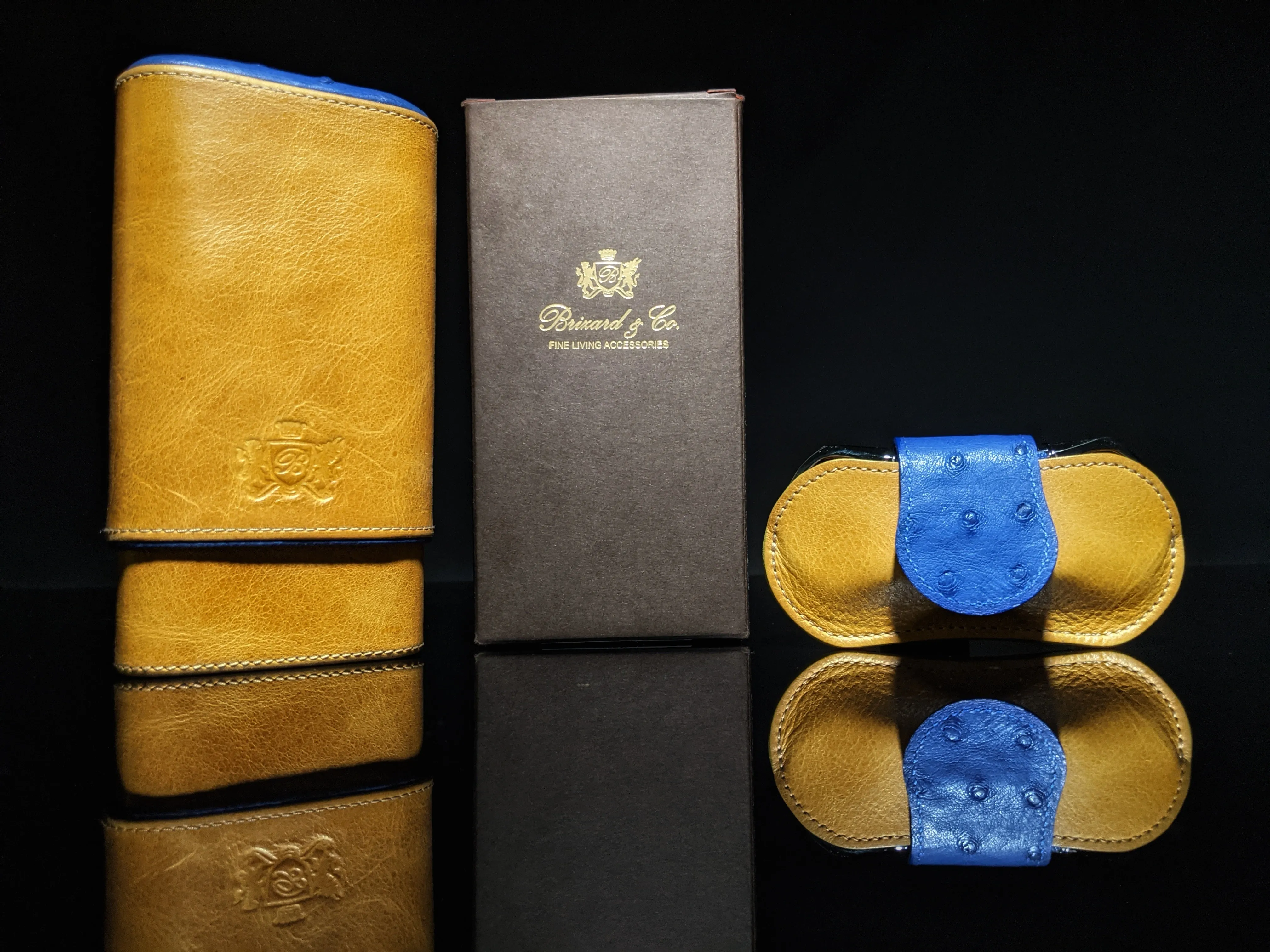 Brizard and Co Blue Ostrich and Camel Color Leather Case and V-Cutter