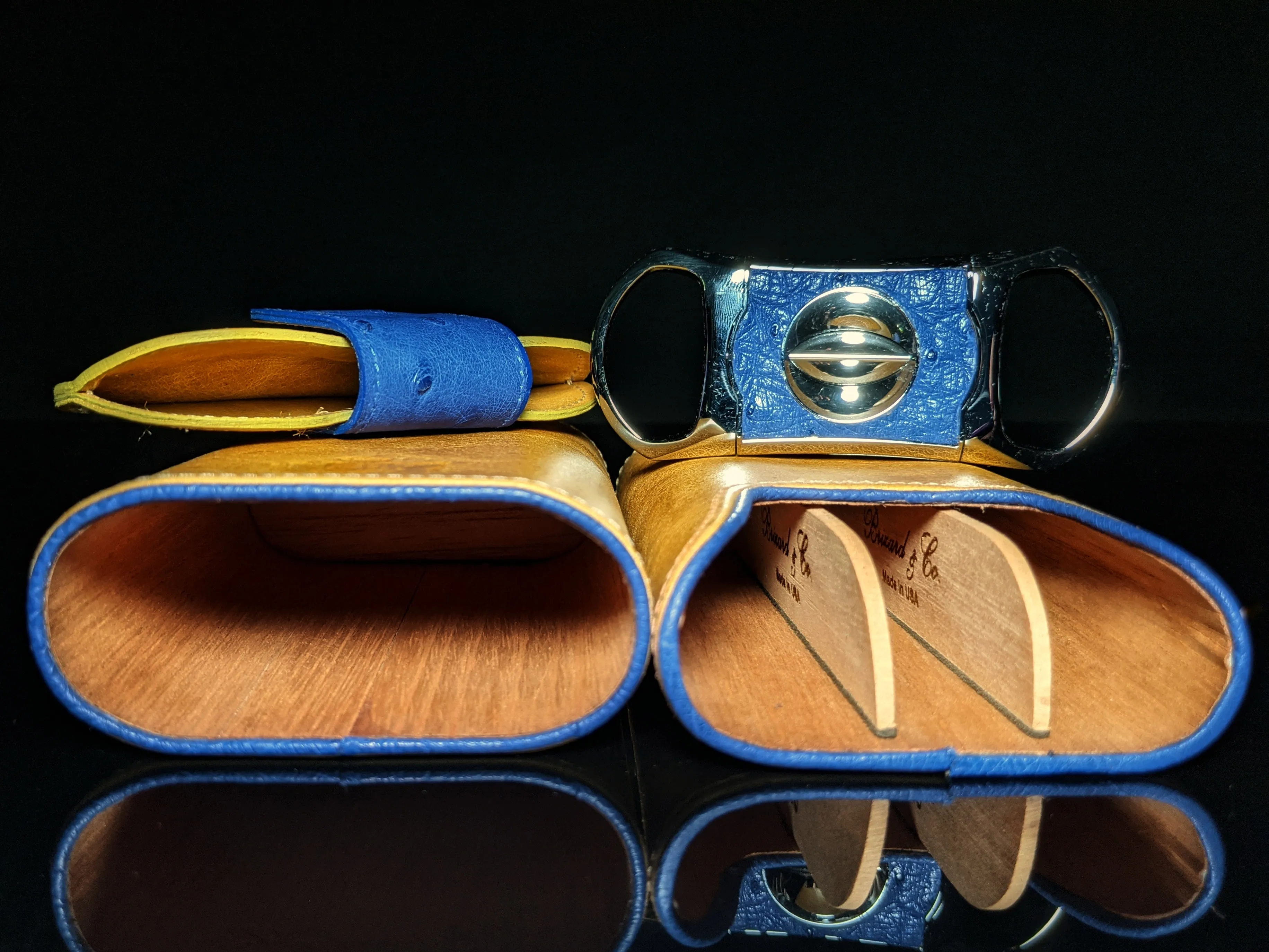 Brizard and Co Blue Ostrich and Camel Color Leather Case and V-Cutter