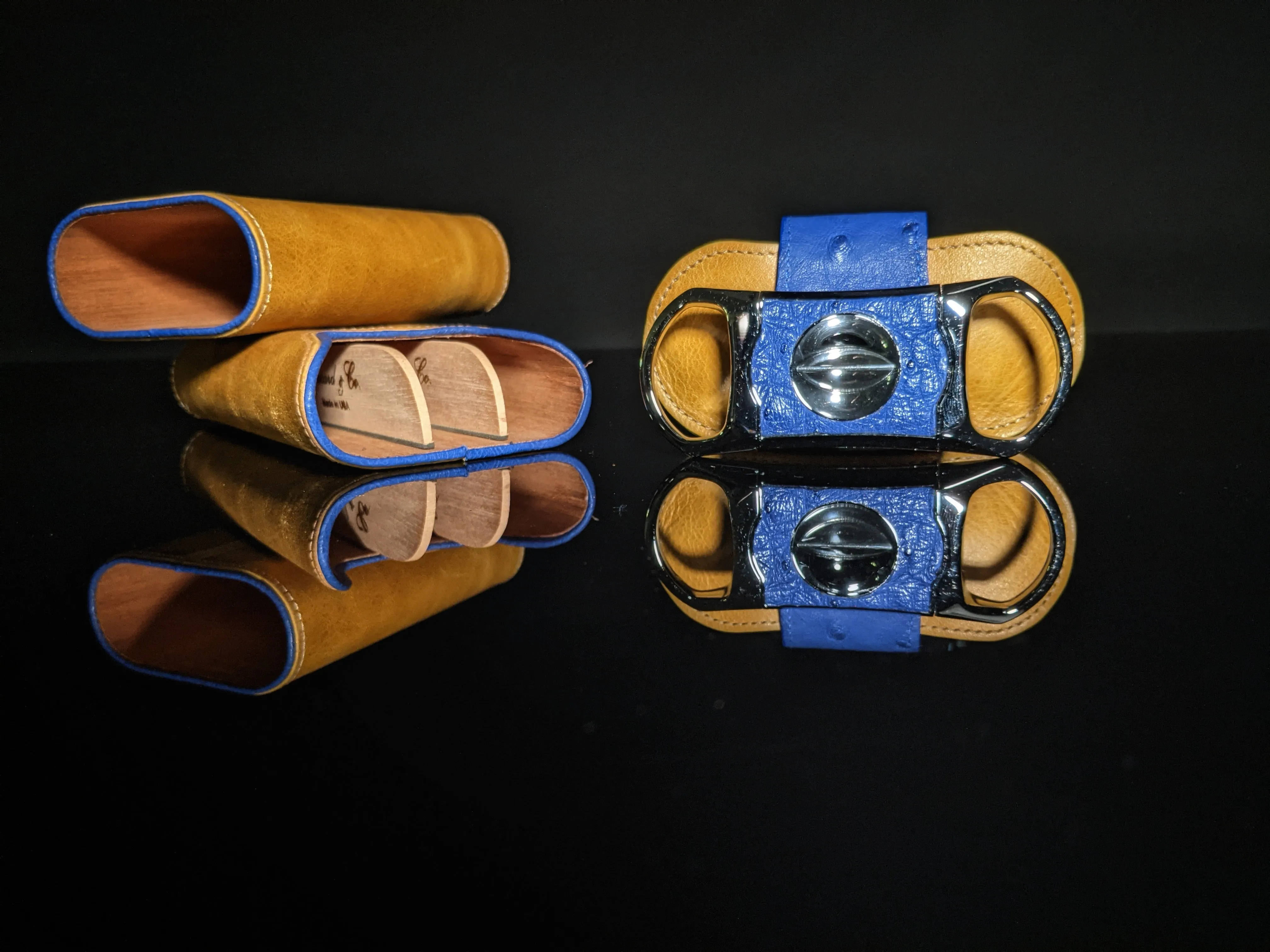 Brizard and Co Blue Ostrich and Camel Color Leather Case and V-Cutter