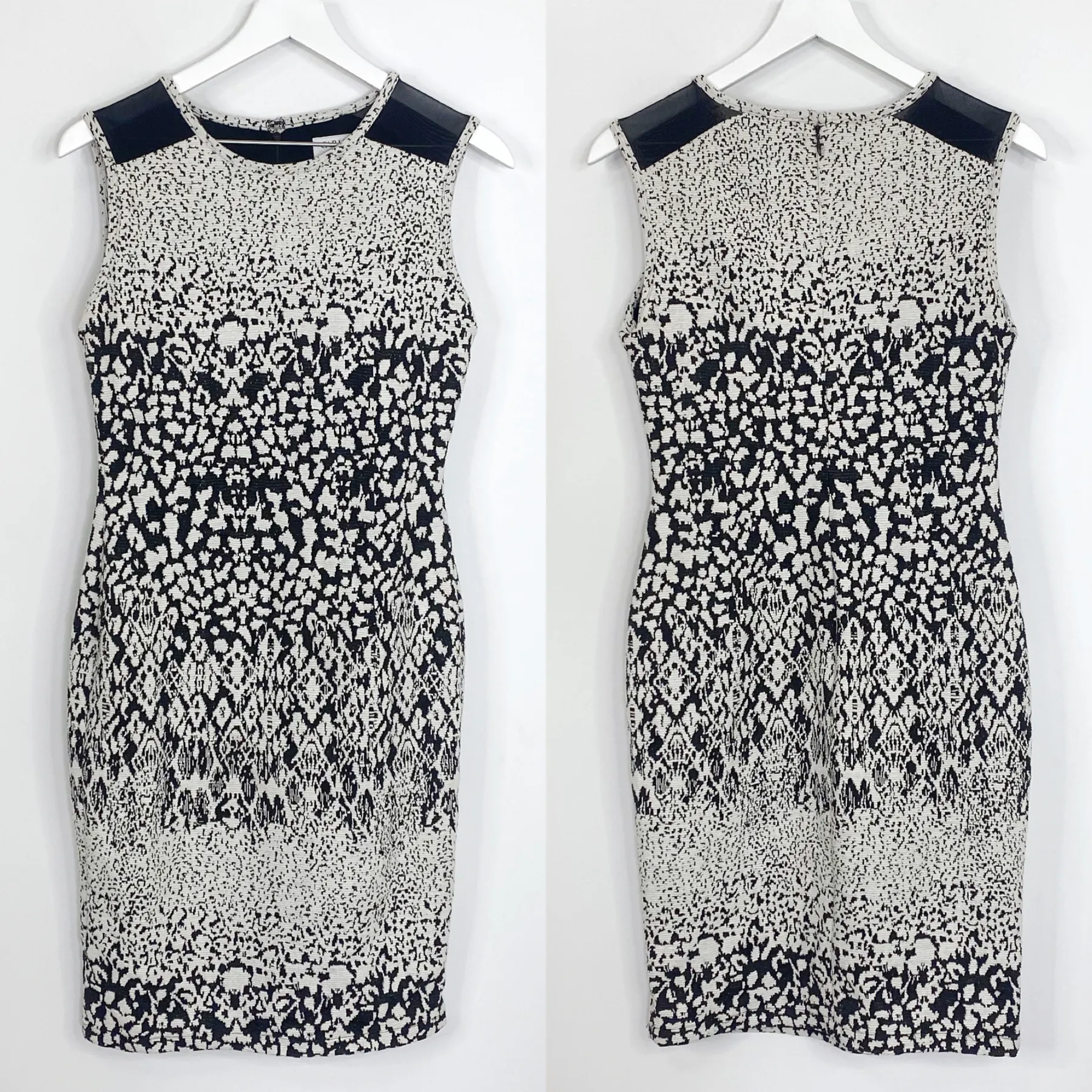 Carmen Carmen Marc Valvo Black White Textured Stretch Knit Fitted Sleeveless Dress Mesh Accents
