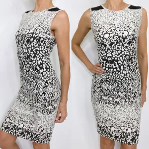 Carmen Carmen Marc Valvo Black White Textured Stretch Knit Fitted Sleeveless Dress Mesh Accents