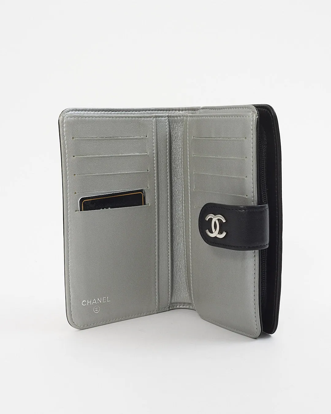 Chanel Black Leather Camelia Pattern Wallet