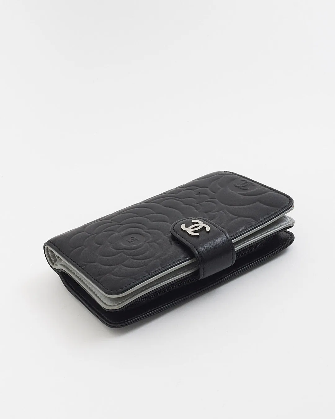 Chanel Black Leather Camelia Pattern Wallet