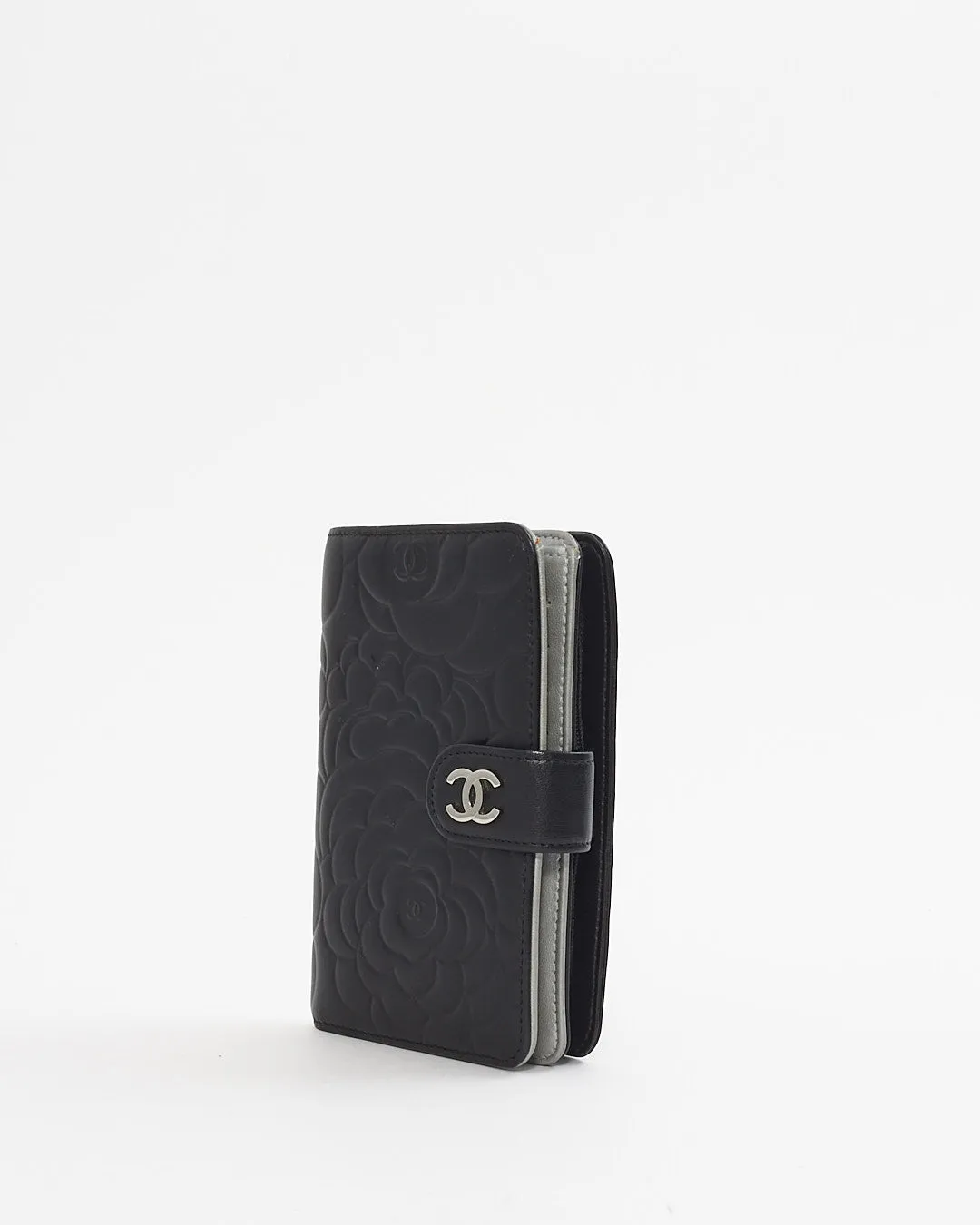 Chanel Black Leather Camelia Pattern Wallet