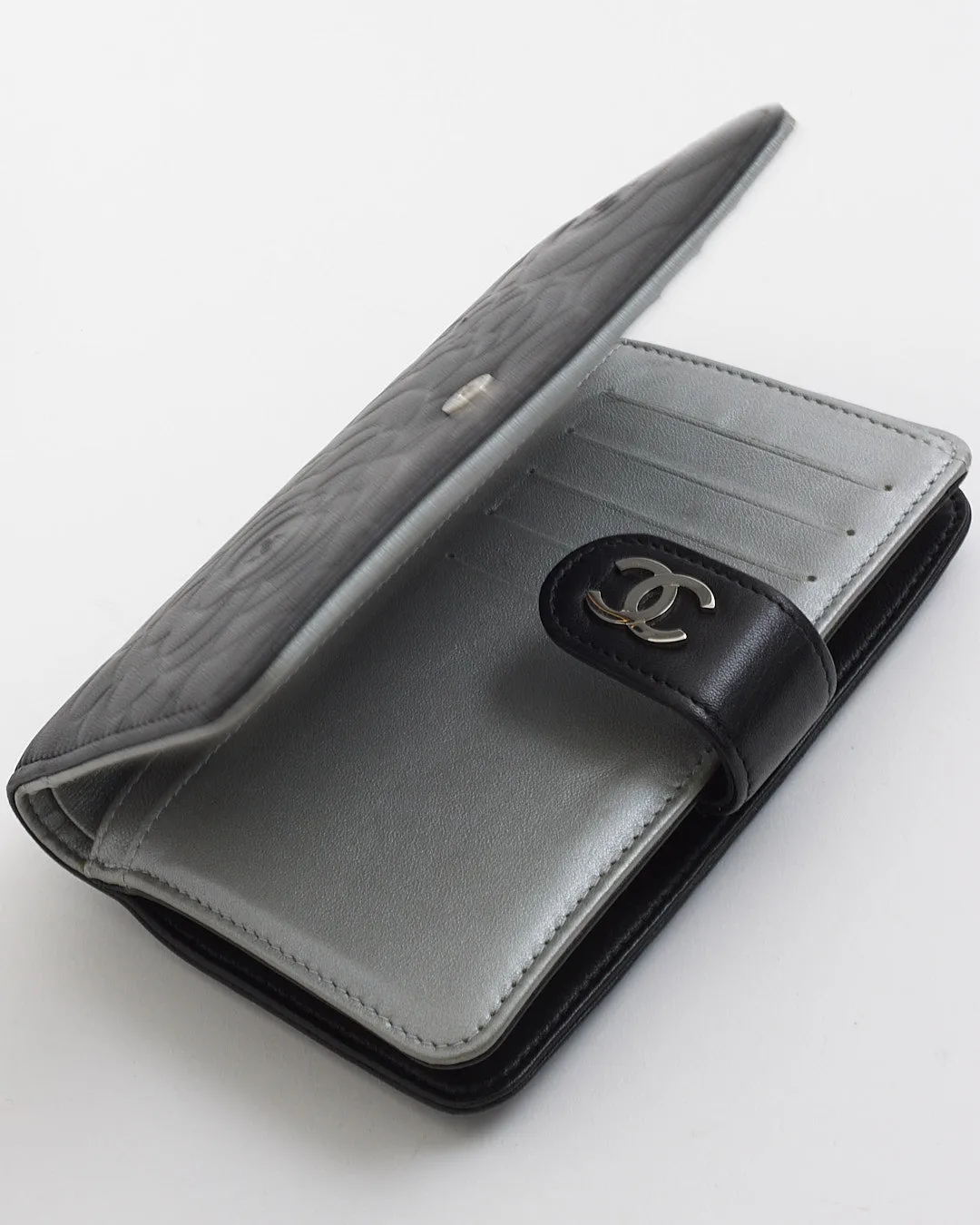 Chanel Black Leather Camelia Pattern Wallet