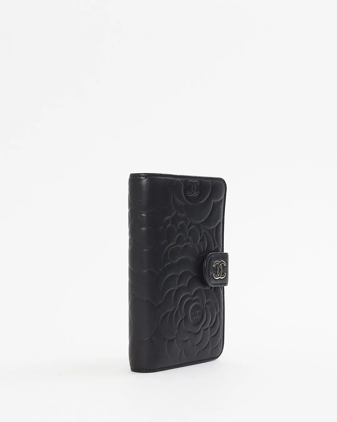 Chanel Black Leather Camelia Pattern Wallet