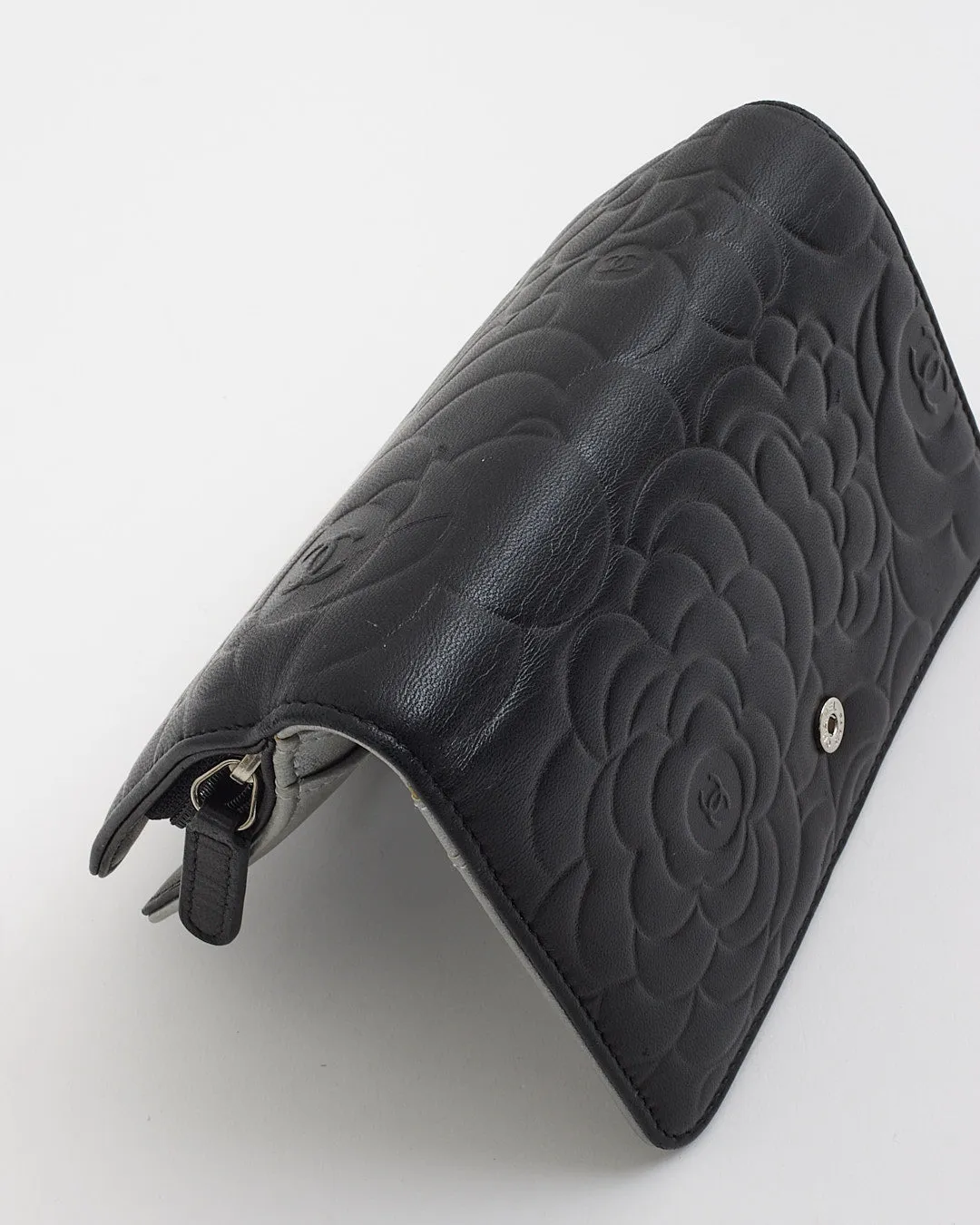 Chanel Black Leather Camelia Pattern Wallet